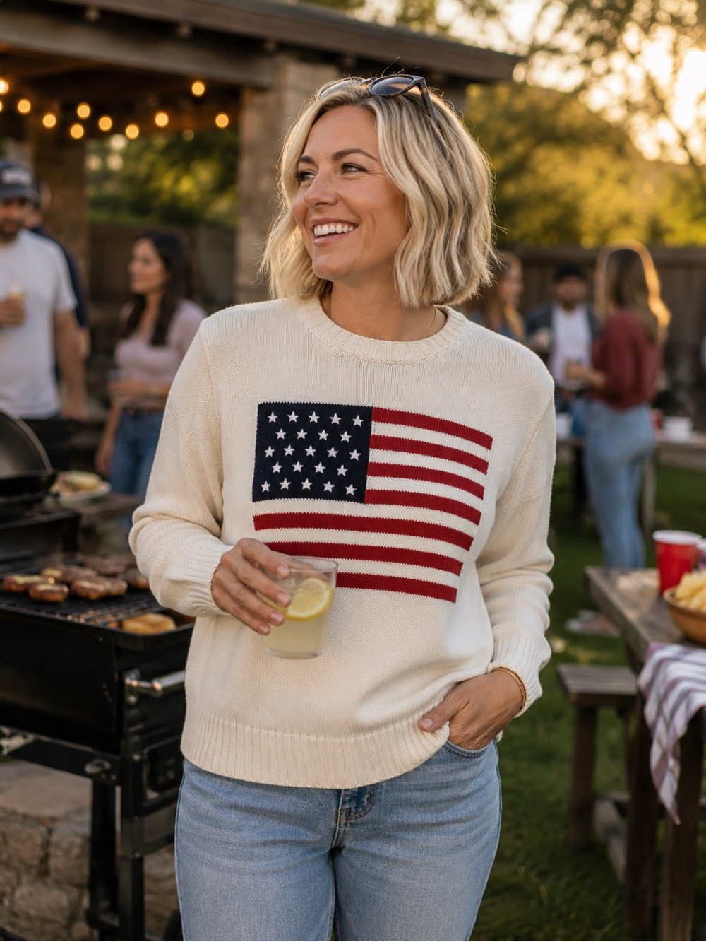 Brandy Melville Cream American Flag Crew Sweater America Patriotic